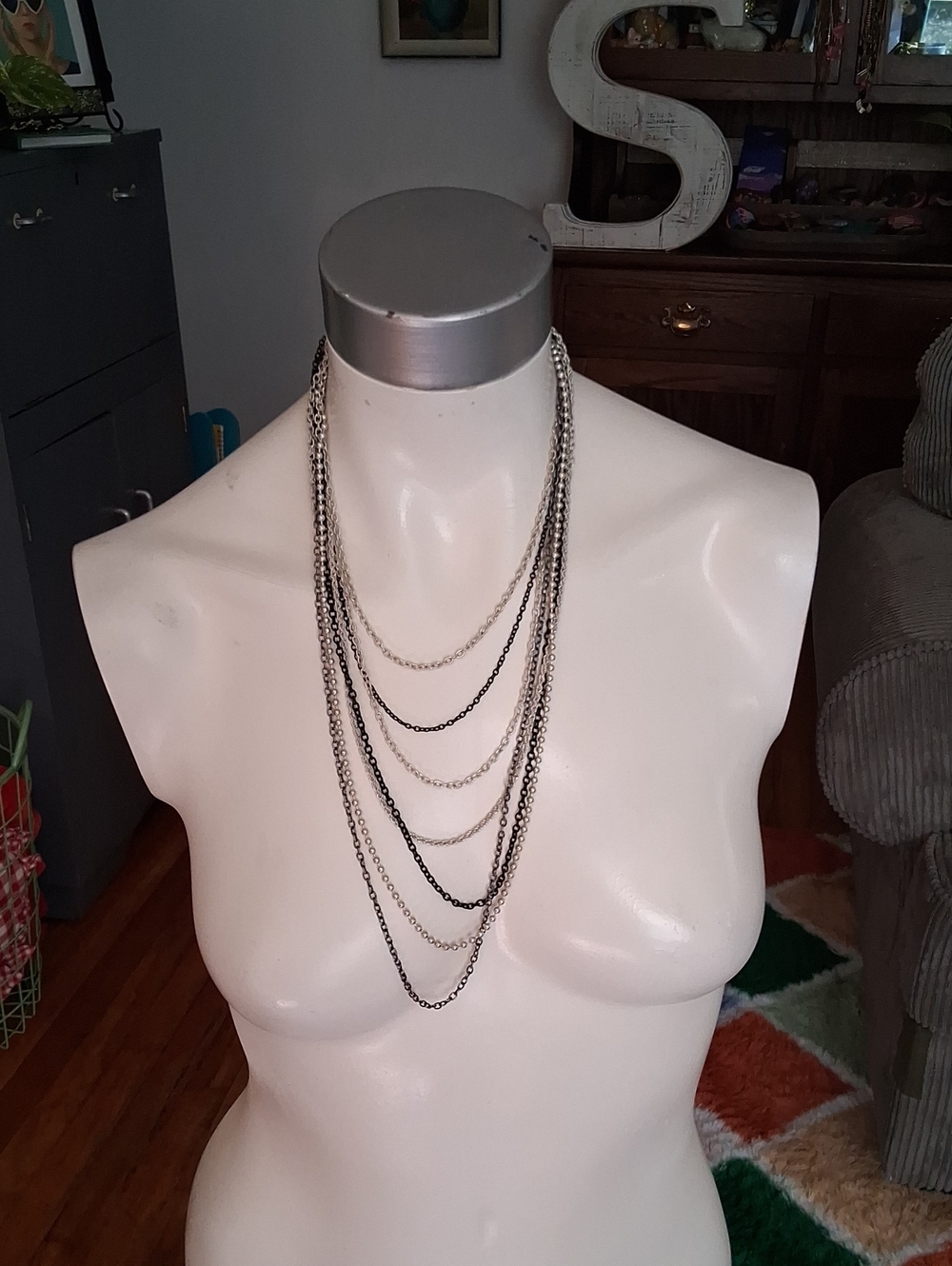 Layered Multi-Chain Necklace in Silver and Black - Women Jewelry